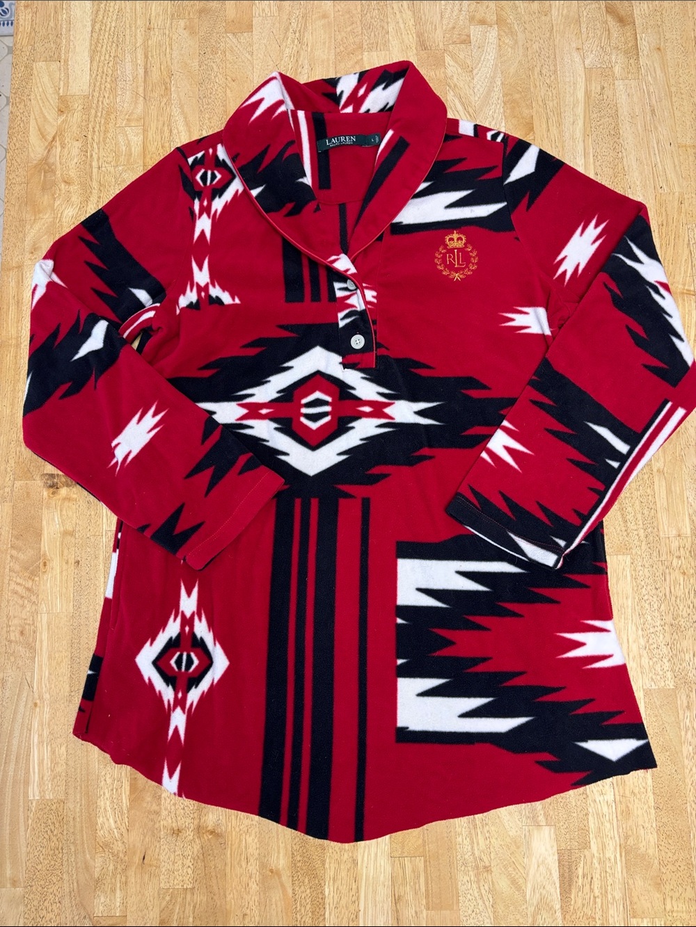 Lauren Ralph Lauren Southwestern Fleece Pajama Top Aztec Red Sleepshirt Pocket L